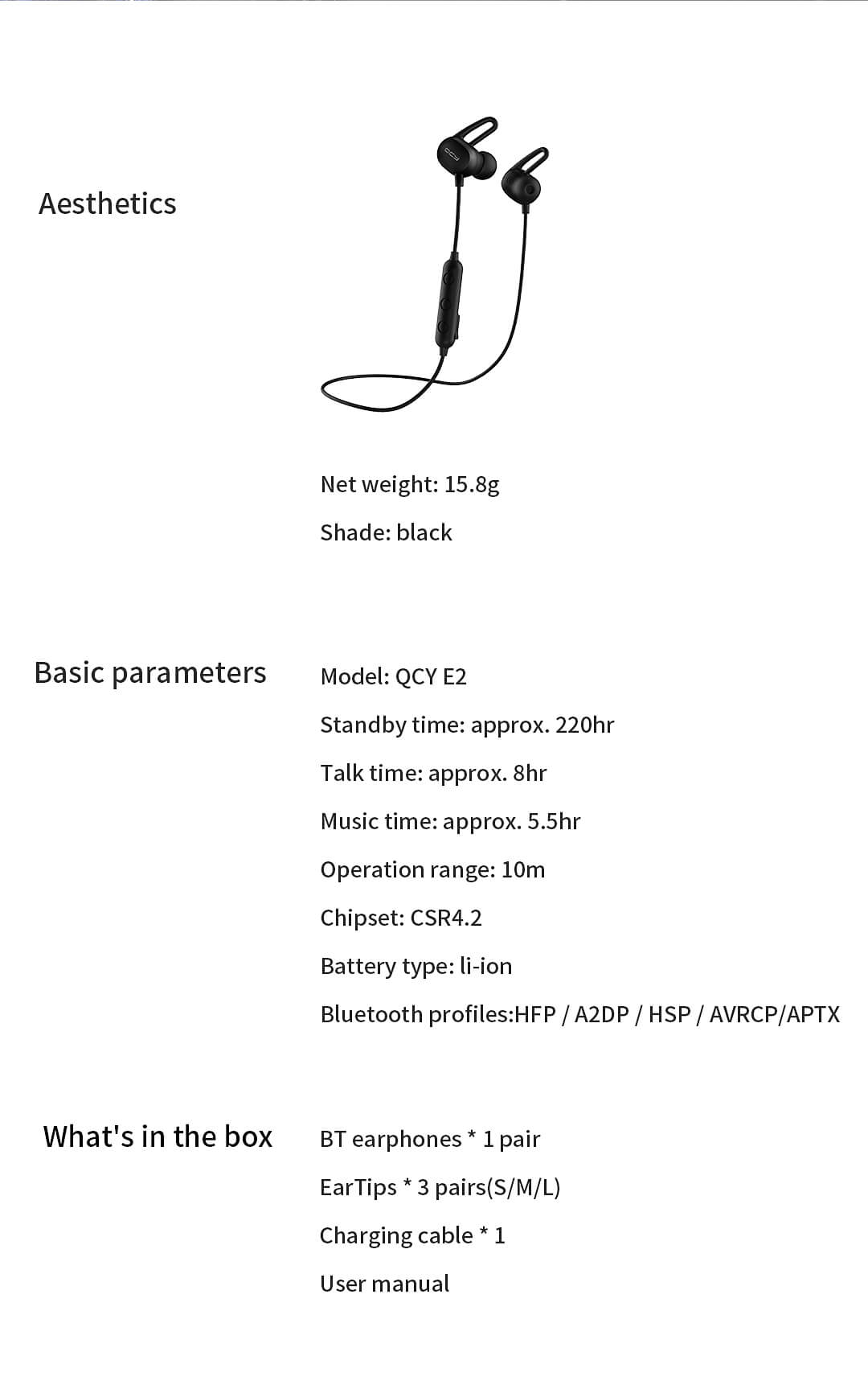 qcy e2 bluebooth earphones